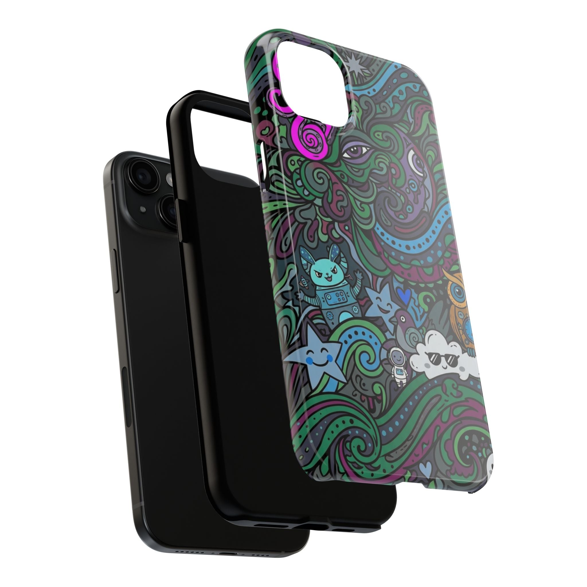 Doodle Night Tough Phone Case — Colorful Whimsical Cartoon Pattern for Teens & Adults