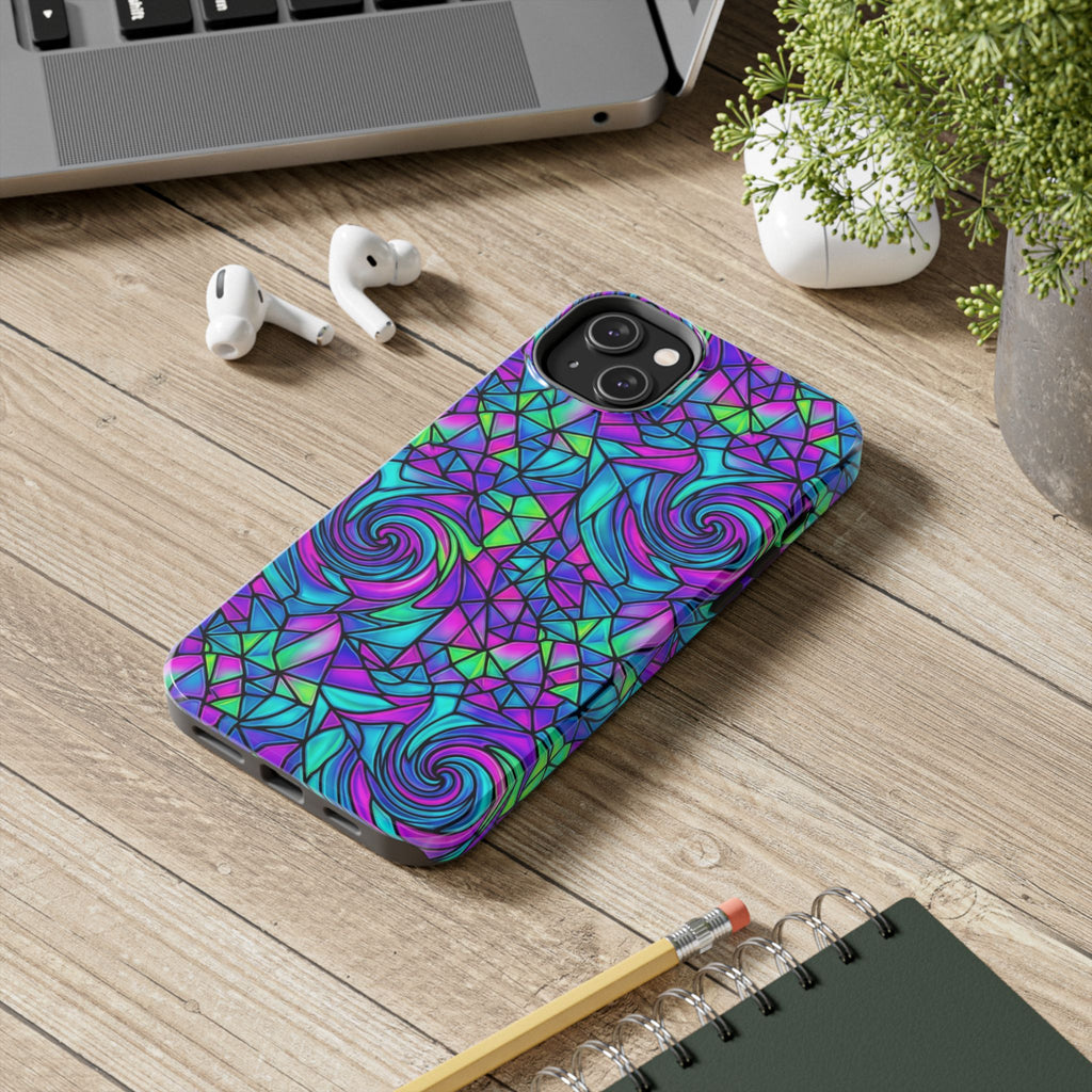 Abstract Stained Glass Swirl Phone Case — Colorful Geometric Tough Cover