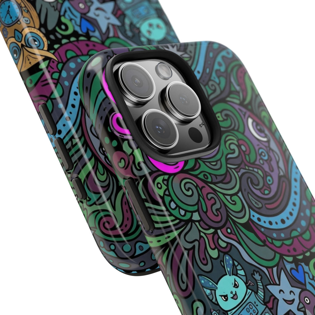 Doodle Night Tough Phone Case — Colorful Whimsical Cartoon Pattern for Teens & Adults