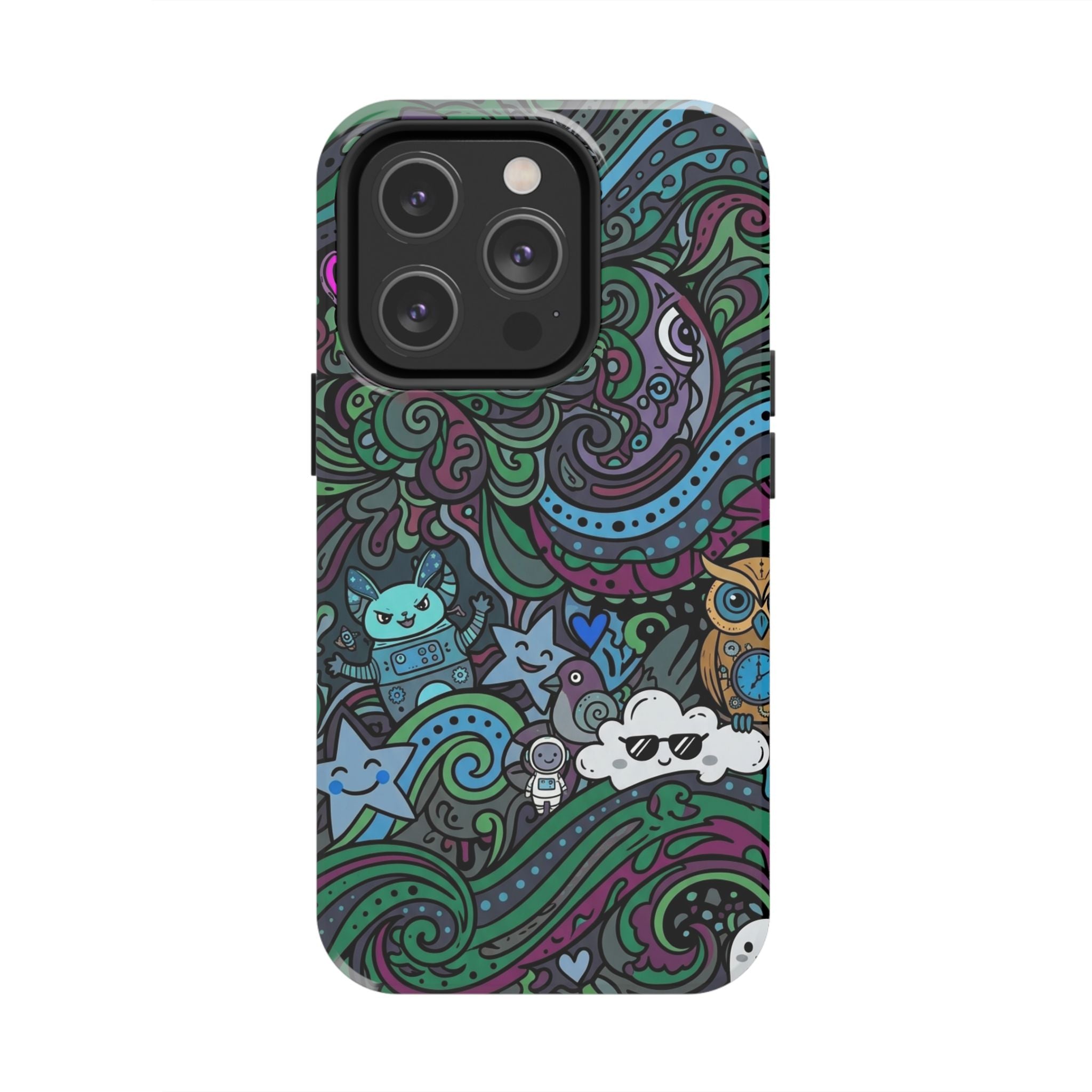 Doodle Night Tough Phone Case — Colorful Whimsical Cartoon Pattern for Teens & Adults