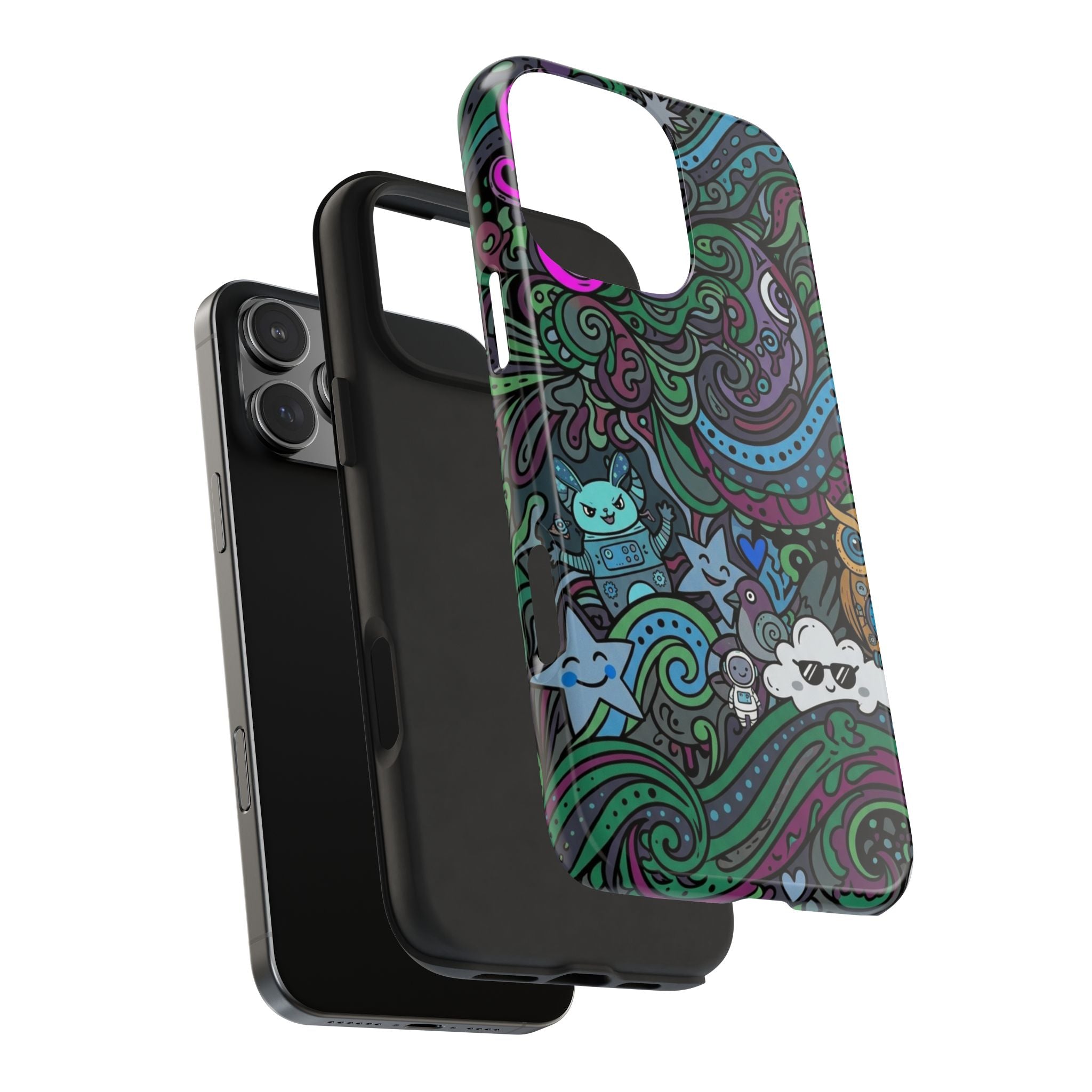 Doodle Night Tough Phone Case — Colorful Whimsical Cartoon Pattern for Teens & Adults