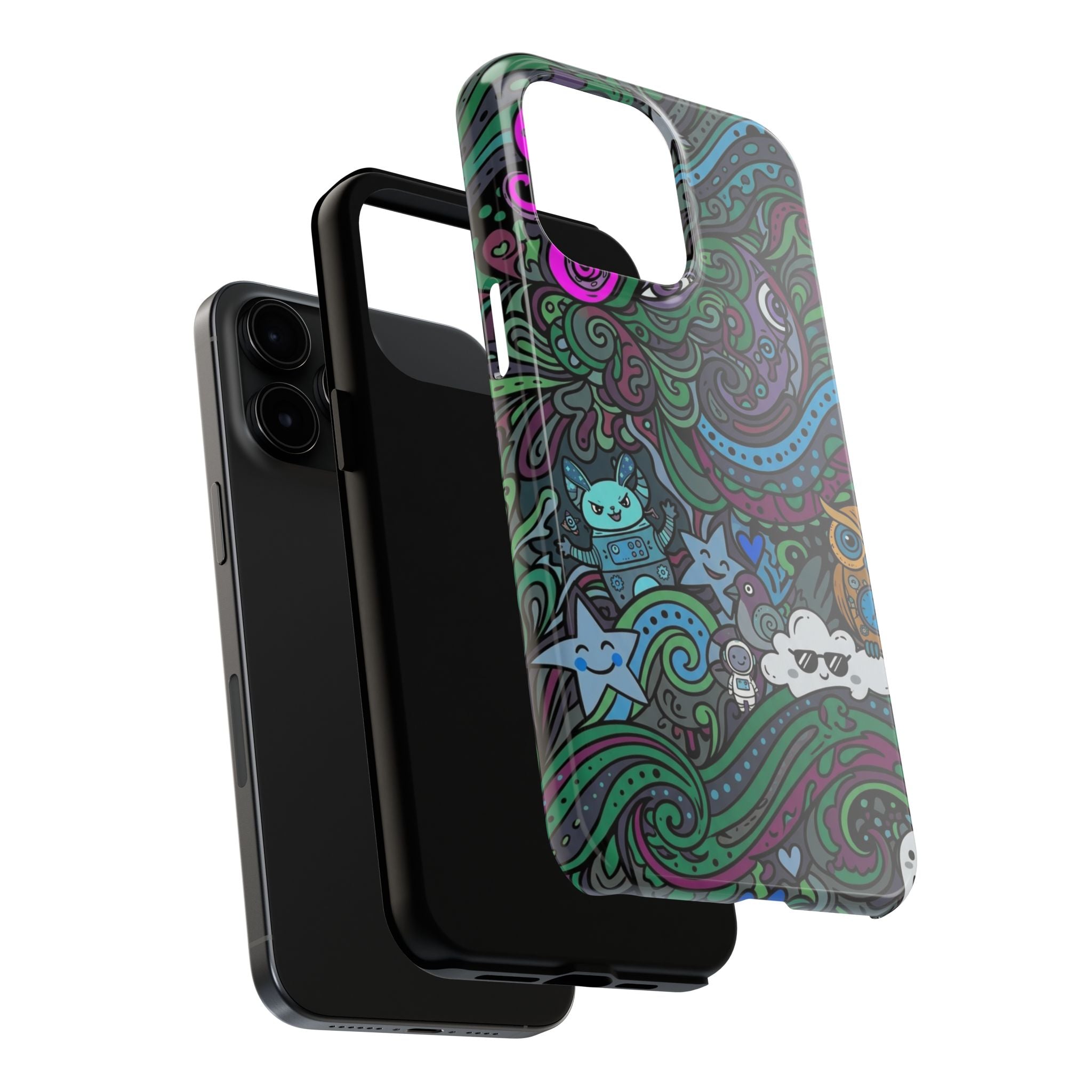 Doodle Night Tough Phone Case — Colorful Whimsical Cartoon Pattern for Teens & Adults