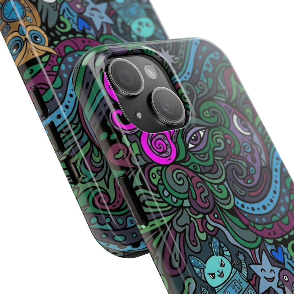 Doodle Night Tough Phone Case — Colorful Whimsical Cartoon Pattern for Teens & Adults