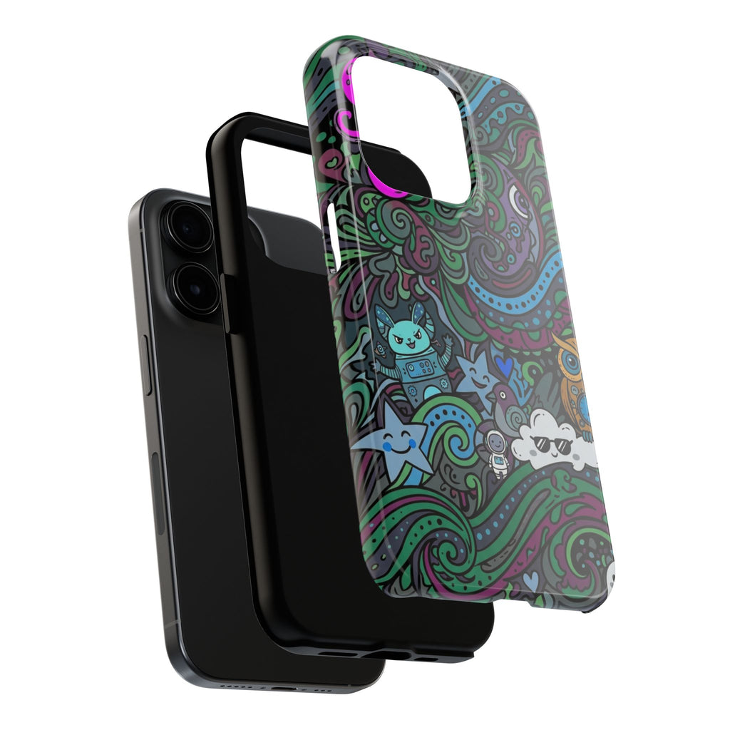 Doodle Night Tough Phone Case — Colorful Whimsical Cartoon Pattern for Teens & Adults