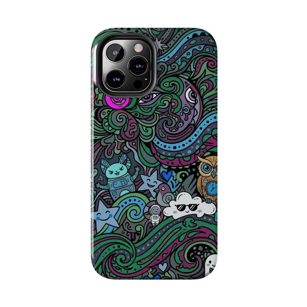 Doodle Night Tough Phone Case — Colorful Whimsical Cartoon Pattern for Teens & Adults