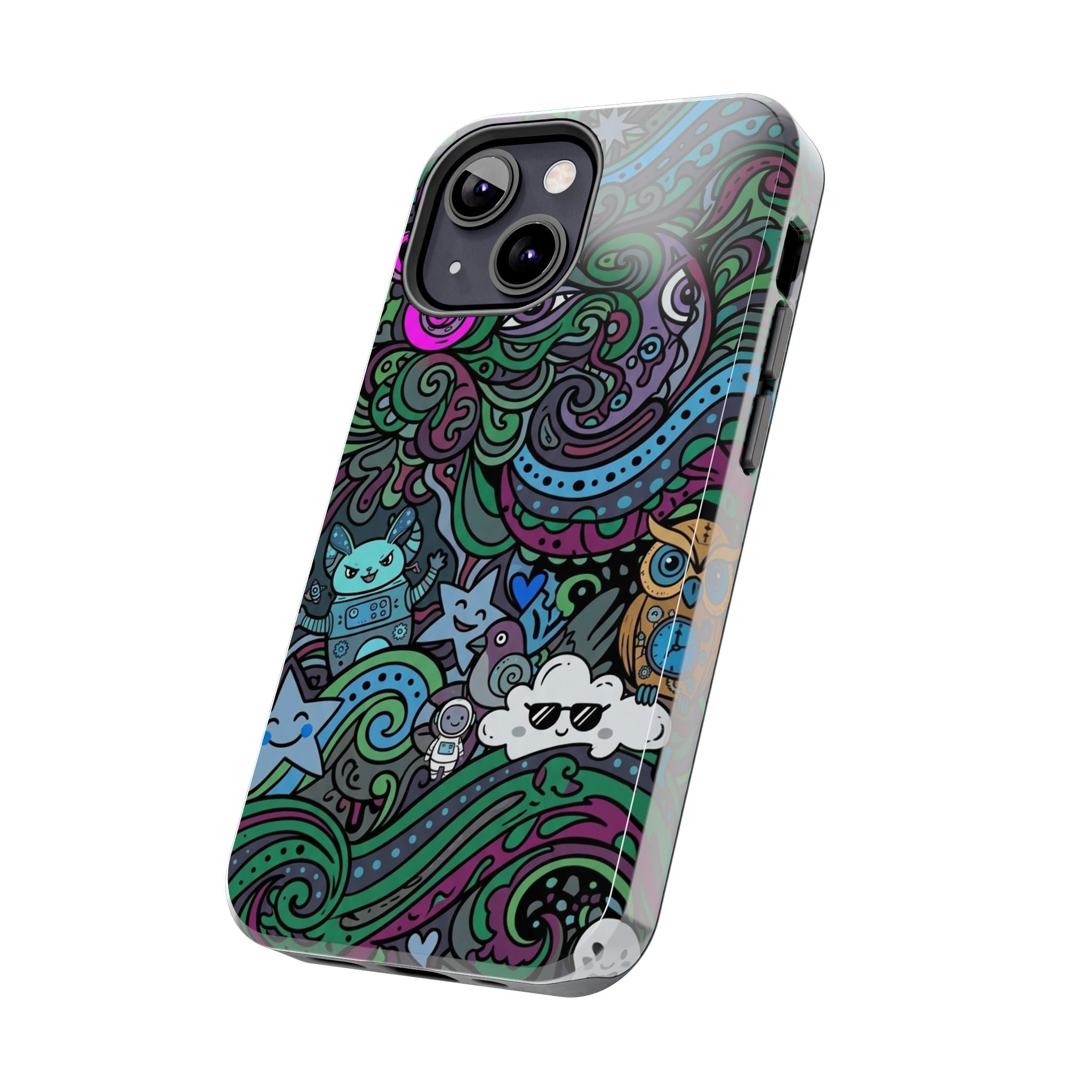 Doodle Night Tough Phone Case — Colorful Whimsical Cartoon Pattern for Teens & Adults