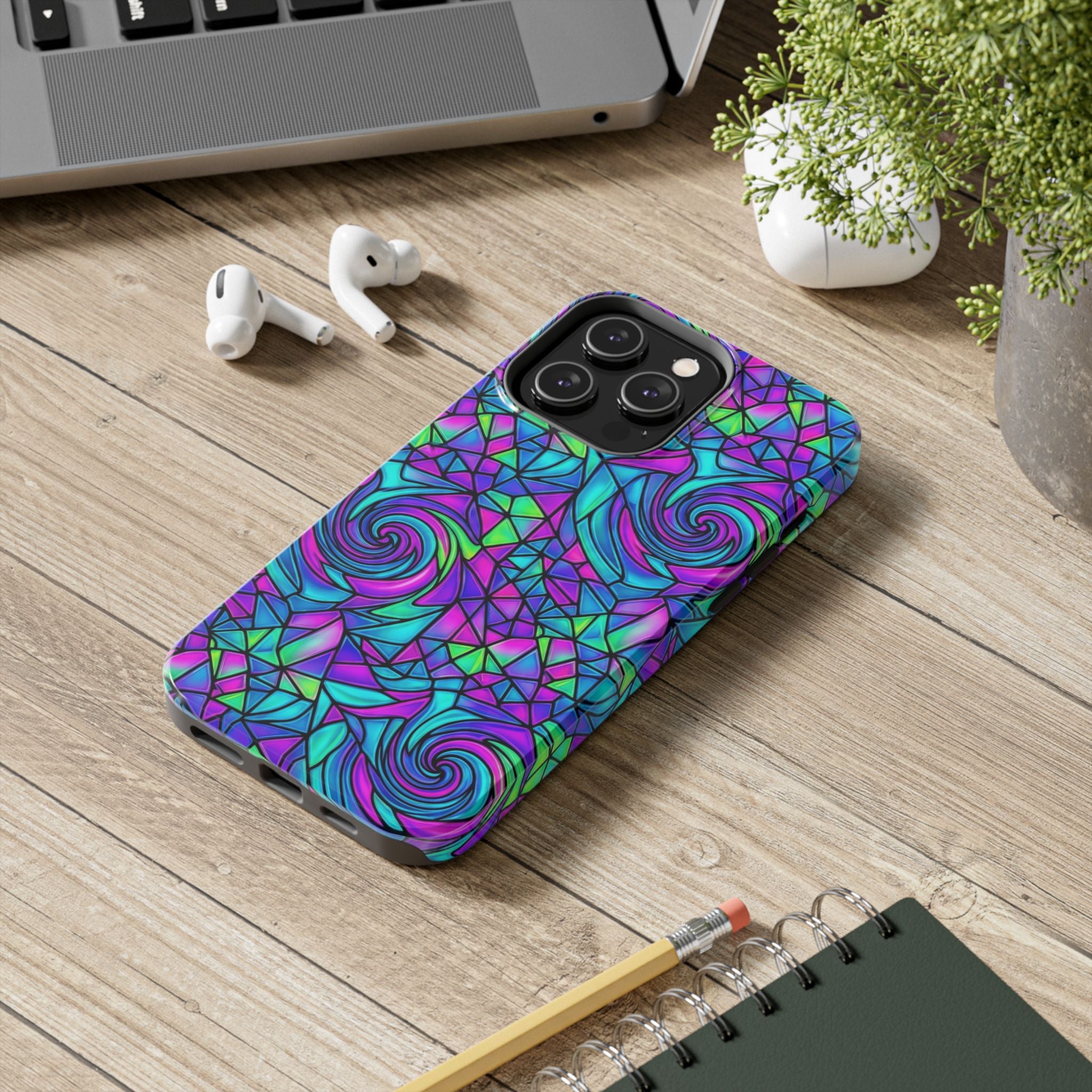 Abstract Stained Glass Swirl Phone Case — Colorful Geometric Tough Cover