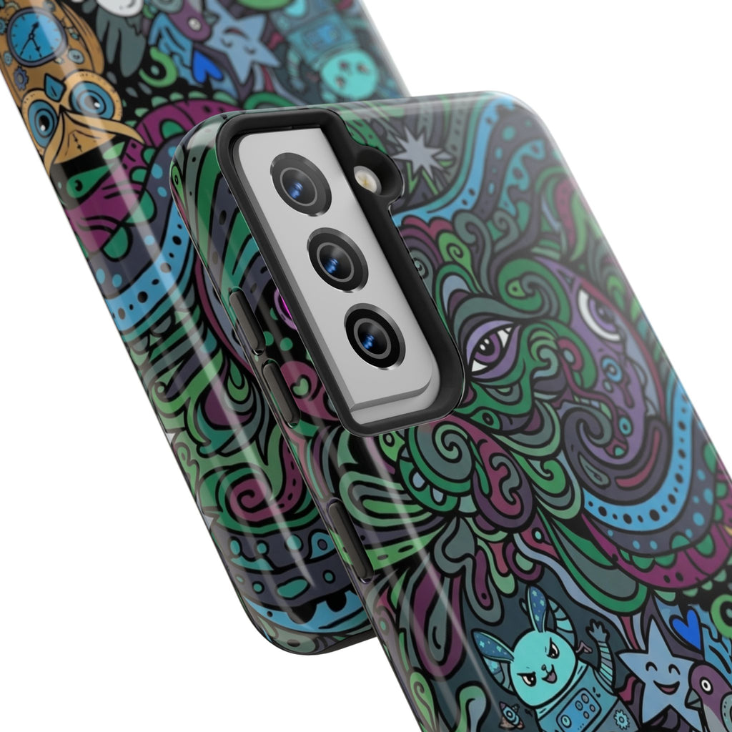 Doodle Night Tough Phone Case — Colorful Whimsical Cartoon Pattern for Teens & Adults