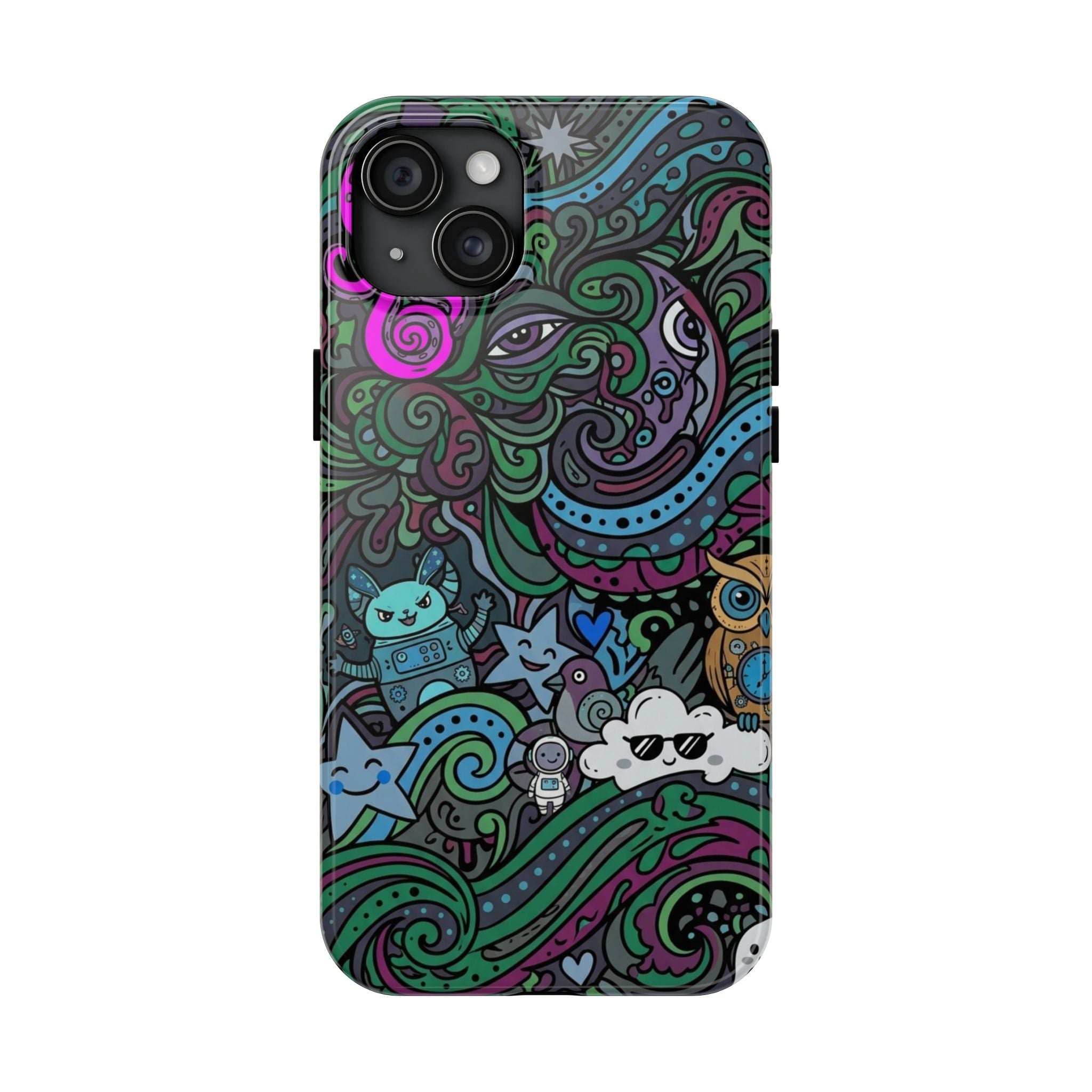 Doodle Night Tough Phone Case — Colorful Whimsical Cartoon Pattern for Teens & Adults
