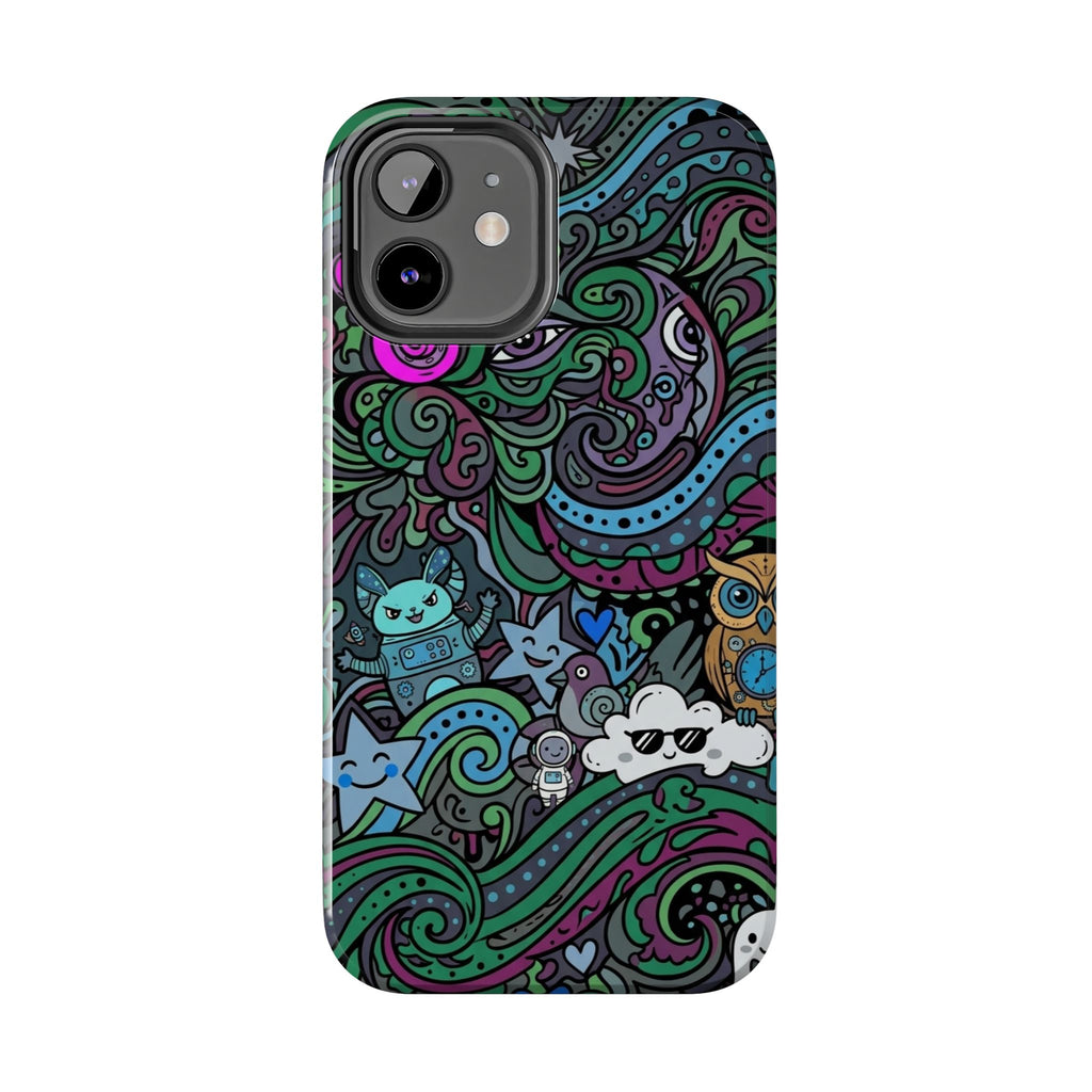 Doodle Night Tough Phone Case — Colorful Whimsical Cartoon Pattern for Teens & Adults
