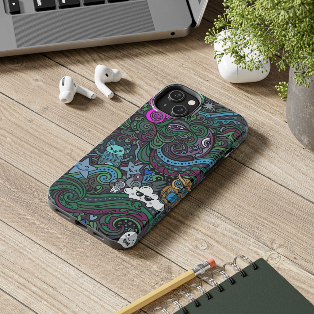 Doodle Night Tough Phone Case — Colorful Whimsical Cartoon Pattern for Teens & Adults
