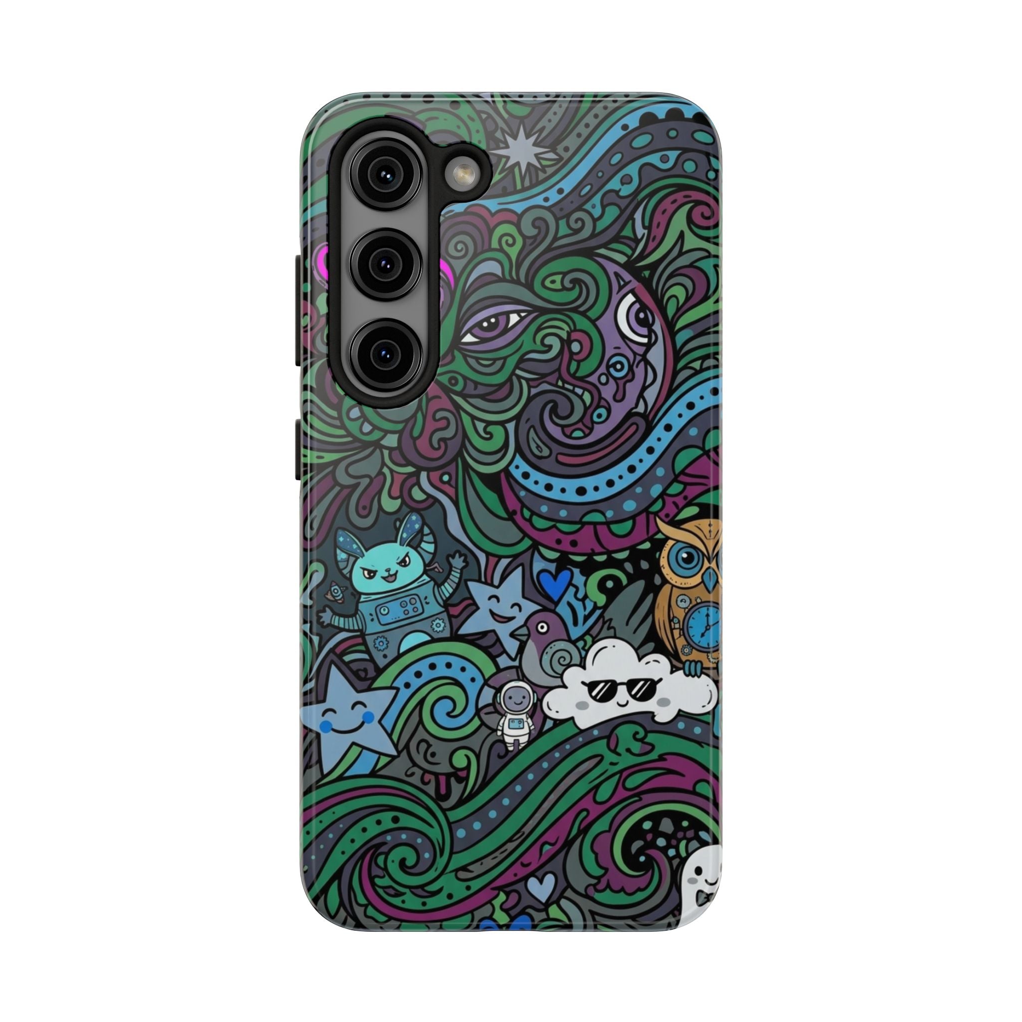 Doodle Night Tough Phone Case — Colorful Whimsical Cartoon Pattern for Teens & Adults