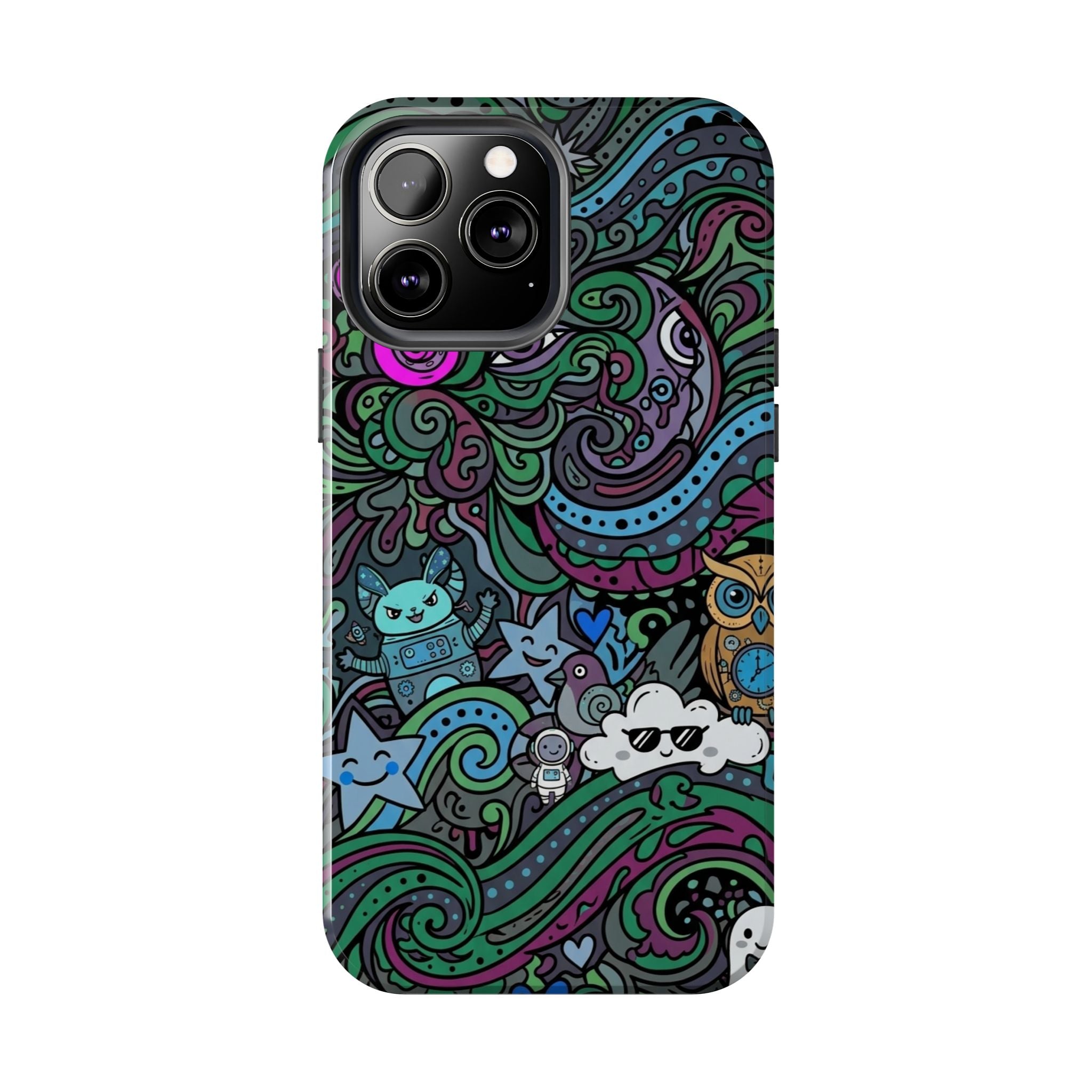 Doodle Night Tough Phone Case — Colorful Whimsical Cartoon Pattern for Teens & Adults